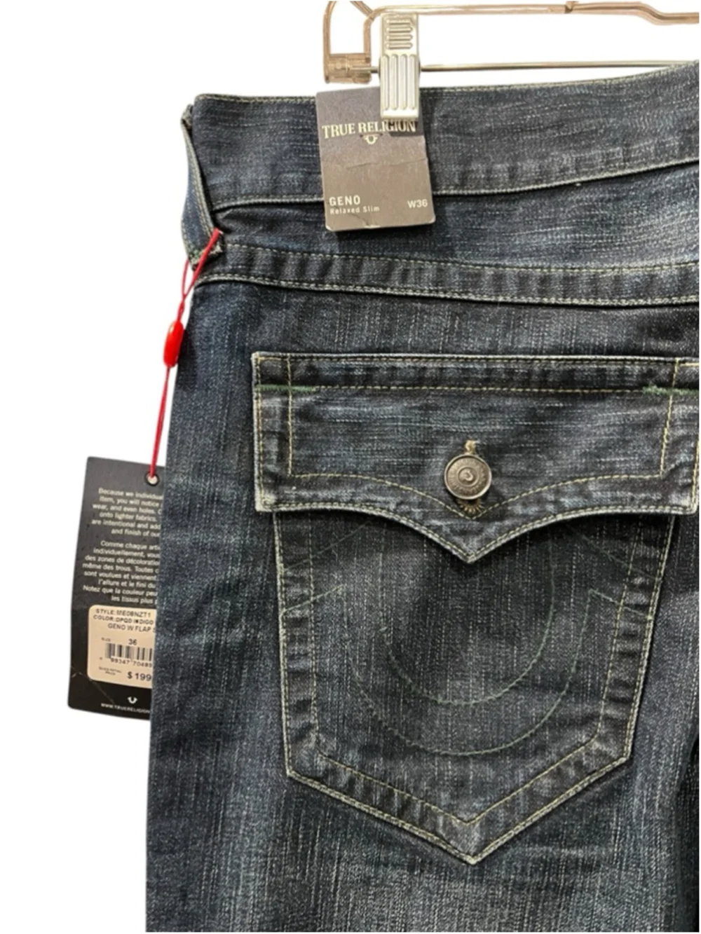 True Religion NWT Geno Slim Jeans Men's Size 36 Distressed Dark Wash Flap Pocket